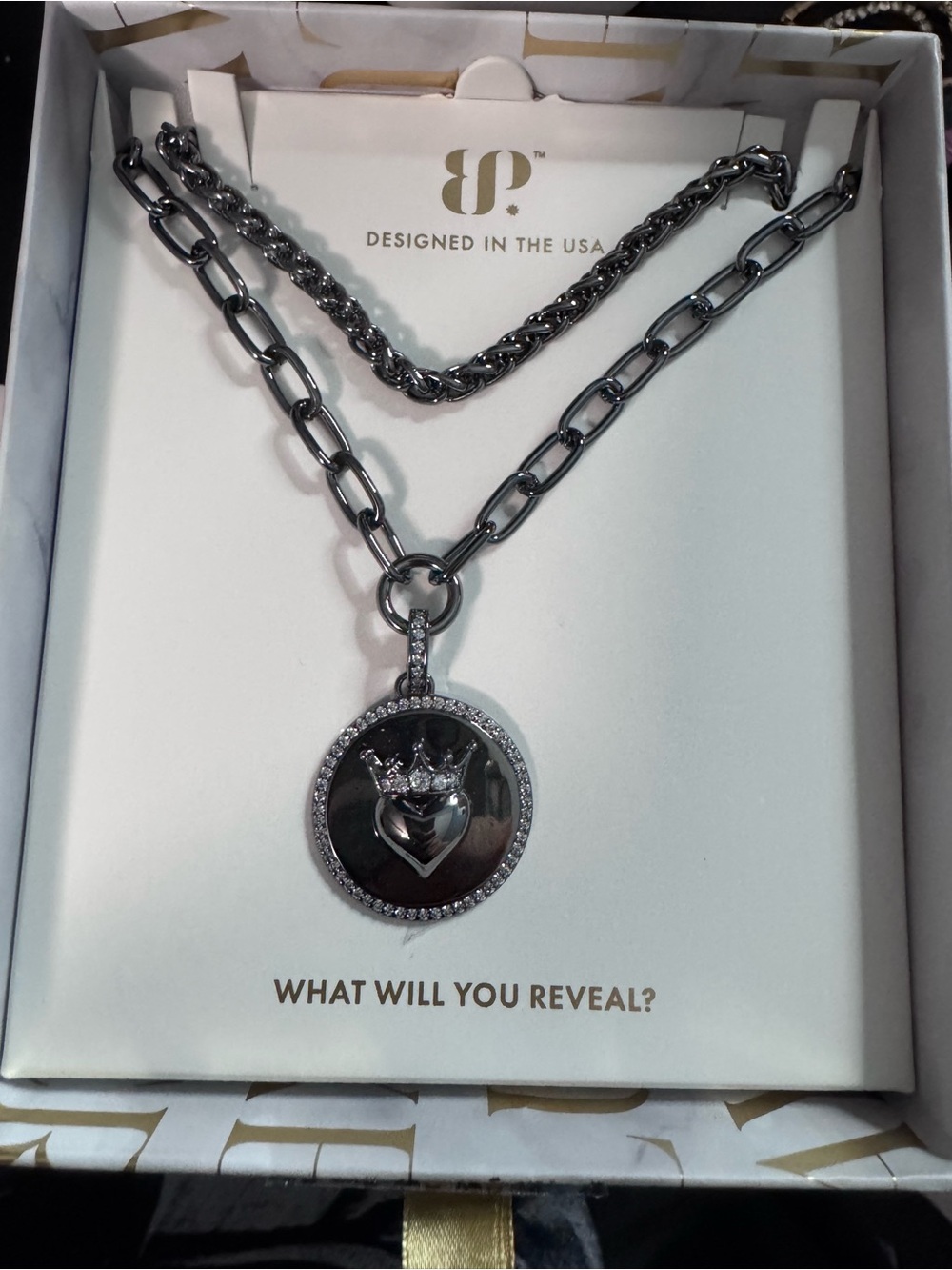 Sterling Silver-Tone Crowned Heart Pendant Necklace - Black